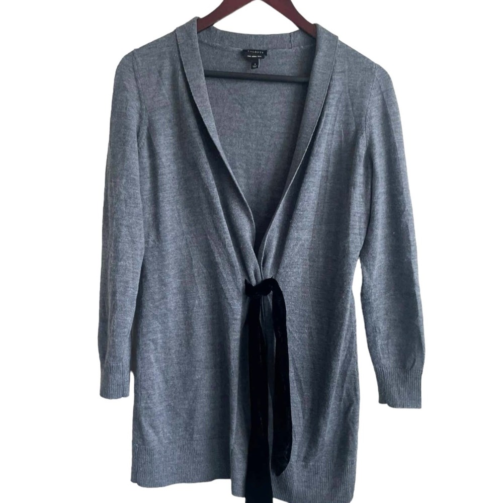 Talbots Womens Cardigan S Gray Pure Merino Wool Velvet‎ Tie Front Sweater Preppy